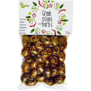my olive Marinované olivy česnek, vavřín, chilli, cibule, koření 220 g